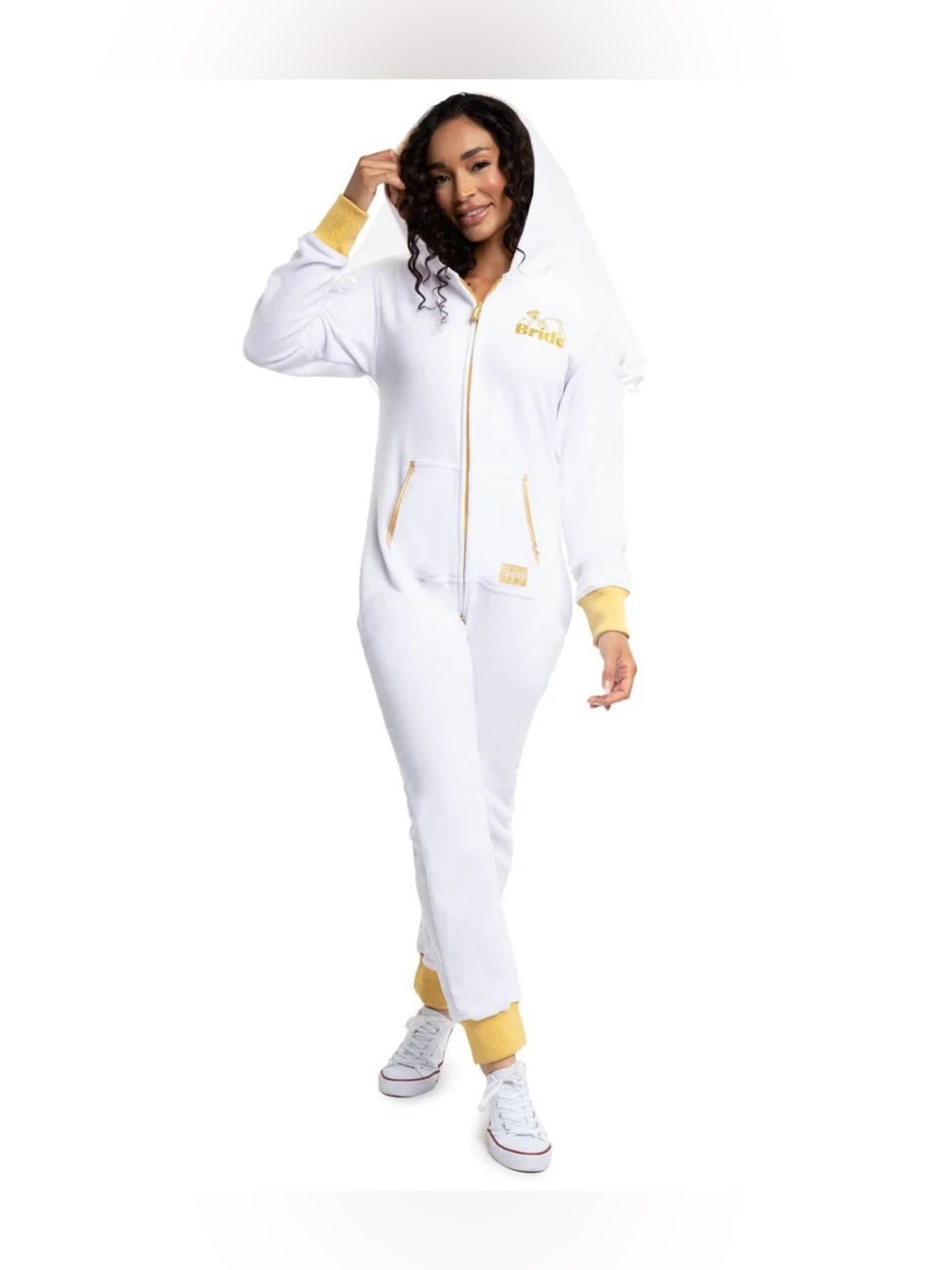Tipsy Elves White and Gold 'Bride' Hooded Jumpsuit